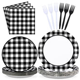 96 Pcs Black and White Gingham Party Plates and Napkins - Grencian
