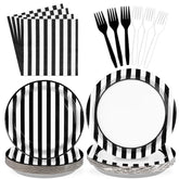 96 Pcs Black and White Striped Party Plates and Napkins - Grencian