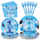 96 Pcs Blue 1st Birthday Party Plates and Napkins - Grencian