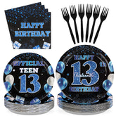 96 Pcs Blue and Black 13th Birthday Party Plates and Napkins - Grencian