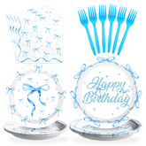 96 Pcs Blue Bow Birthday Party Plates and Napkins - Grencian