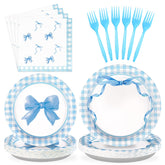 96 Pcs Blue Bow Party Plates and Napkins - Grencian