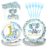 96 Pcs Blue Elephant 1st Birthday Party Plates and Napkins - Grencian