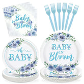 96 Pcs Blue Floral Baby Shower Party Plates and Napkins - Grencian