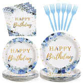 96 Pcs Blue Floral Birthday Party Plates and Napkins - Grencian