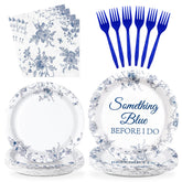 96 Pcs Blue Floral Bridal Shower Party Plates and Napkins - Grencian