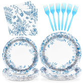 96 Pcs Blue Floral Party Plates and Napkins - Grencian