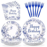 96 Pcs Blue Flower Birthday Party Plates and Napkins - Grencian