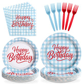 96 Pcs Blue Gingham Birthday Party Plates and Napkins - Grencian