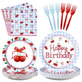 96 Pcs Blue Gingham Cherry Birthday Party Plates and Napkins - Grencian