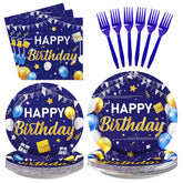 96 Pcs Blue Gold Birthday Party Plates and Napkins - Grencian