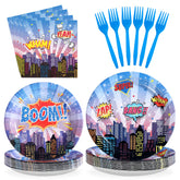 96 Pcs Blue Hero Party Plates and Napkins - Grencian