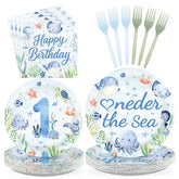 96 Pcs Blue Ocean 1st Birthday Party Plates and Napkins - Grencian