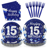 96 Pcs Blue Sliver 15th Birthday Party Plates and Napkins - Grencian