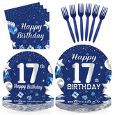 96 Pcs Blue Sliver 17th Birthday Party Plates and Napkins - Grencian