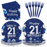 96 Pcs Blue Sliver 21st Birthday Party Plates and Napkins - Grencian