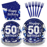 96 Pcs Blue Sliver 50th Birthday Party Plates and Napkins - Grencian
