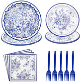 96 Pcs Blue White Floral Party Plates and Napkins - Grencian