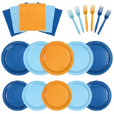 96 Pcs Blue and Orange Party Plates and Napkins - Grencian