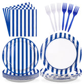 96 Pcs Blue and White Striped Party Plates and Napkins - Grencian