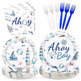 96 Pcs Boy Nautical Party Plates and Napkins - Grencian