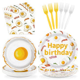 96 Pcs Breakfast Birthday Party Plates and Napkins - Grencian
