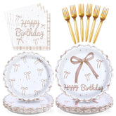 96 Pcs Brown Bow Birthday Party Scalloped Plates and Napkins - Grencian