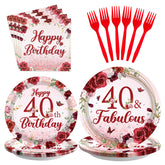 96 Pcs Burgundy 40th Birthday Party Plates and Napkins - Grencian