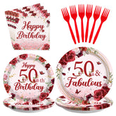 96 Pcs Burgundy 50th Birthday Party Plates and Napkins - Grencian