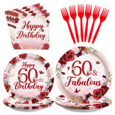 96 Pcs Burgundy 60th Birthday Party Plates and Napkins - Grencian