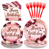 96 Pcs Burgundy Birthday Party Plates and Napkins - Grencian