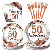 96 Pcs Burgundy Floral 50th Birthday Party Plates and Napkins - Grencian