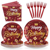 96 Pcs Burgundy Gold Birthday Party Plates and Napkins - Grencian