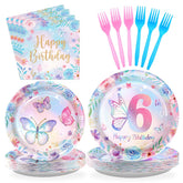 96 Pcs Butterfly 6th Birthday Party Plates and Napkins - Grencian