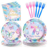96 Pcs Butterfly 7th Birthday Party Plates and Napkins - Grencian