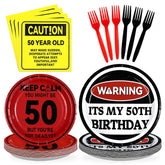 96 Pcs Caution Logos 50th Birthday Party Plates and Napkins - Grencian