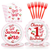 96 Pcs Cherry 1st Birthday Party Plates and Napkins - Grencian