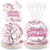 96 Pcs Cherry Blossom Birthday Party Plates and Napkins - Grencian