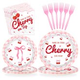 96 Pcs Cherry Pink Bow Party Plates and Napkins - Grencian