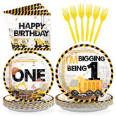 96 Pcs Construction 1st Birthday Party Plates and Napkins - Grencian