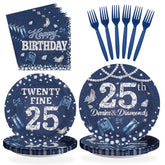 96 Pcs Denim Diamonds 25th Birthday Party Plates and Napkins - Grencian