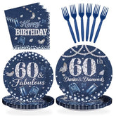 96 Pcs Denim Diamonds 60th Birthday Party Plates and Napkins - Grencian