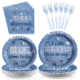 96 Pcs Denim Diamonds Baby Shower Party Plates and Napkins - Grencian