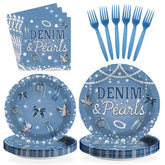 96 Pcs Denim and Pearls Party Plates and Napkins - Grencian