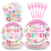 96 Pcs Donut 7th Birthday Party Plates and Napkins - Grencian