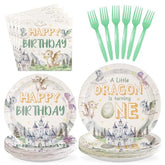 96 Pcs Dragon 1st Birthday Party Plates and Napkins - Grencian