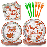 96 Pcs Fall Fox Birthday Party Plates and Napkins - Grencian