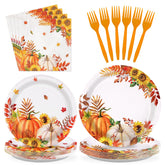 96 Pcs Fall Sunflower Pumpkin Party Plates and Napkins - Grencian