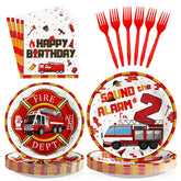 96 Pcs Fire Truck 2nd Birthday Party Plates and Napkins - Grencian