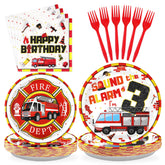 96 Pcs Fire Truck 3rd Birthday Party Plates and Napkins - Grencian